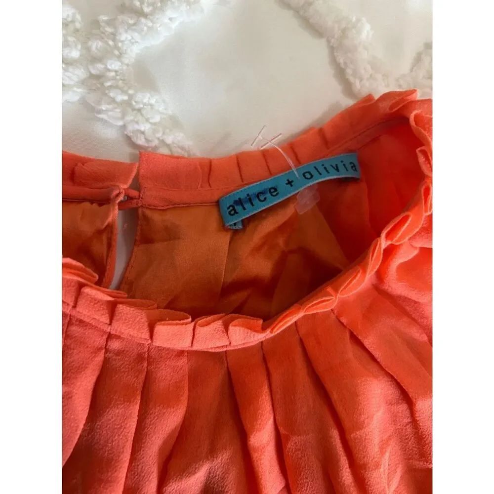Alice + Olivia silk  Coral Pleated Neck Blouse with tie waist - Picture 2 of 8